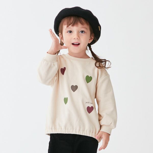 日本 petit main - 可愛女孩純棉長袖上衣-愛心-藍