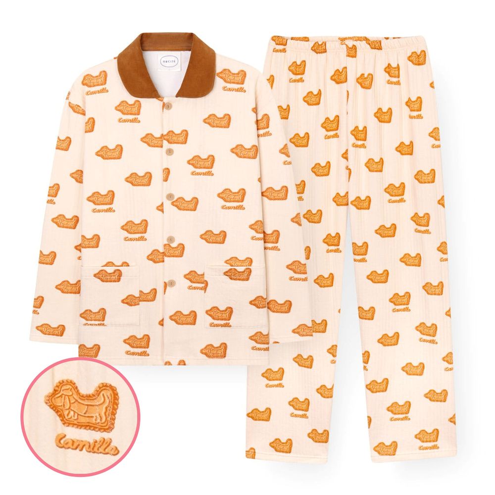 (爸爸)空氣感柔軟棉翻領長袖睡衣套裝-狗狗餅乾-杏膚