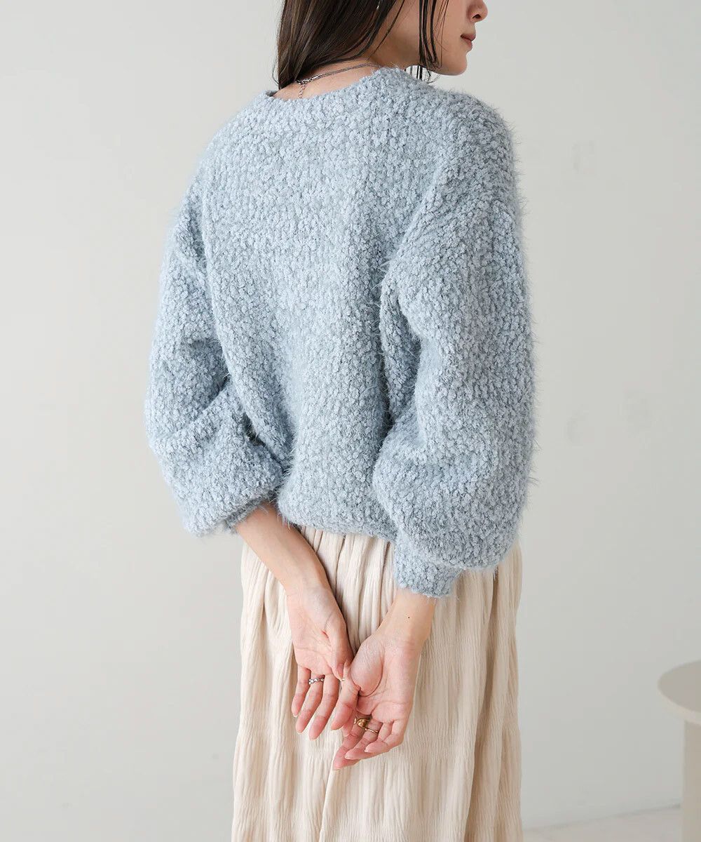 日本 Bab - 柔軟蓬鬆毛毛V領針織上衣-藍