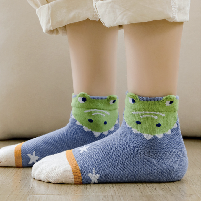 love, charlotte - 卡通條紋恐龍網眼短筒棉襪-5 雙一組