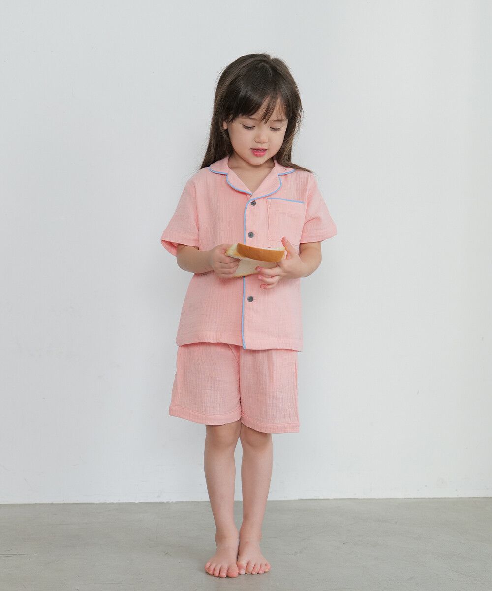 日本 riziere - 二重紗繽紛撞色滾邊家居服/睡衣-粉x藍