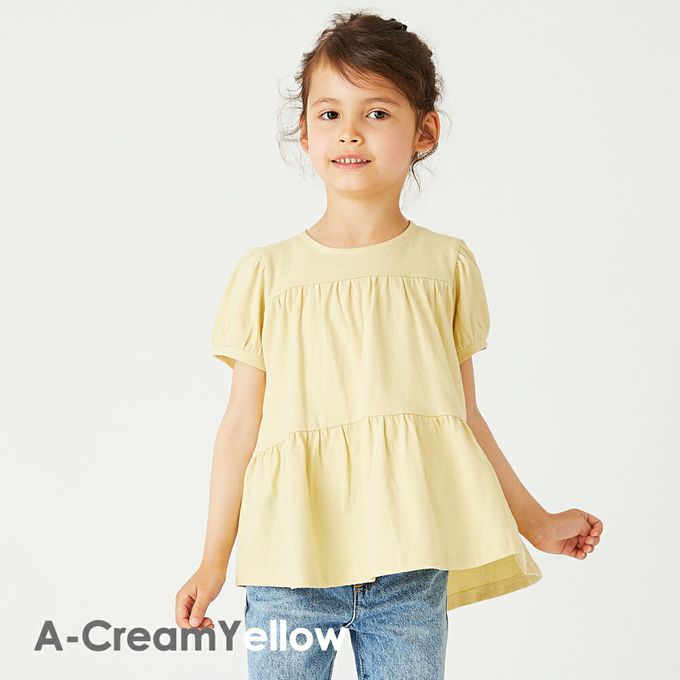 日本 evercloset - 100%棉 定番特色短袖上衣-胸拼接-奶油黃