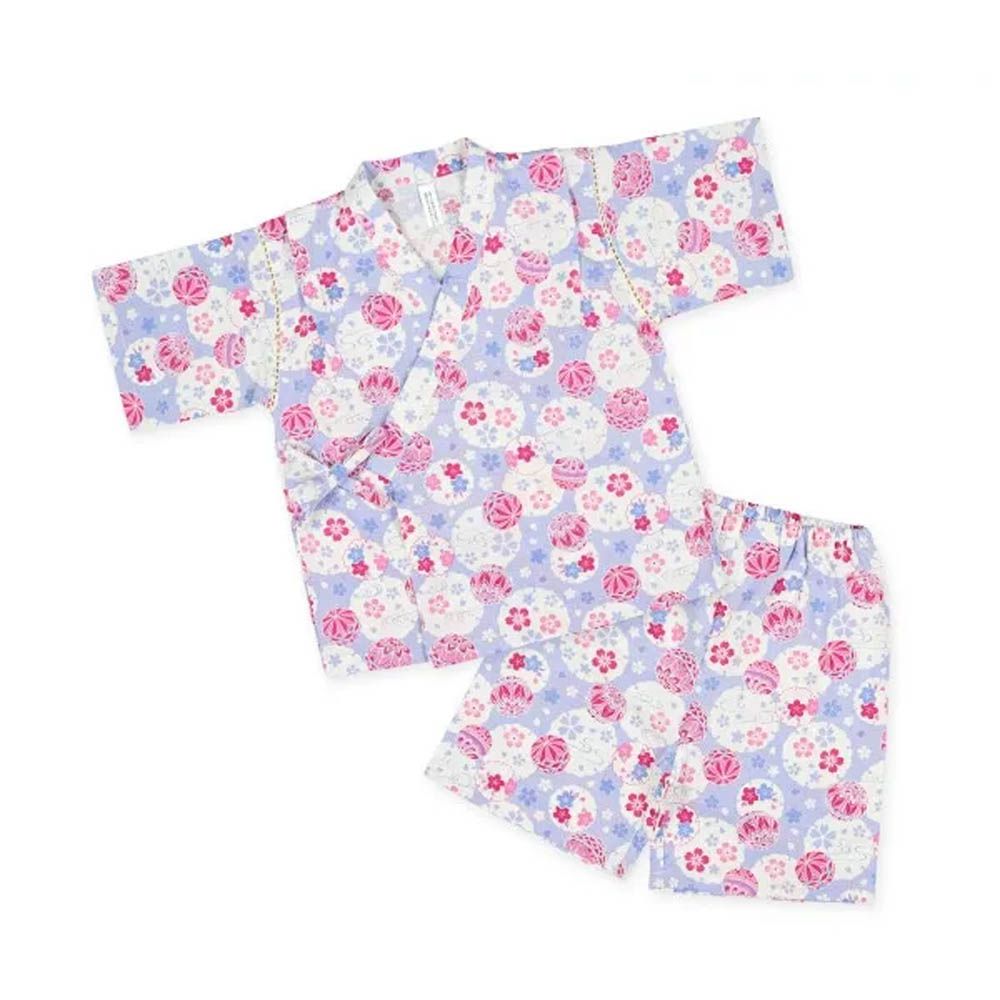 100%棉 夏季限定甚平短袖套裝-花與手球-粉紫