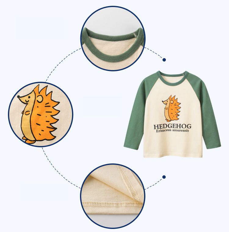 純棉圓領薄長袖上衣-可愛刺蝟-綠+杏