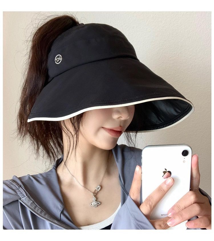 黑膠涼感防紫外線大帽簷空頂遮陽帽-可調節款-黑色