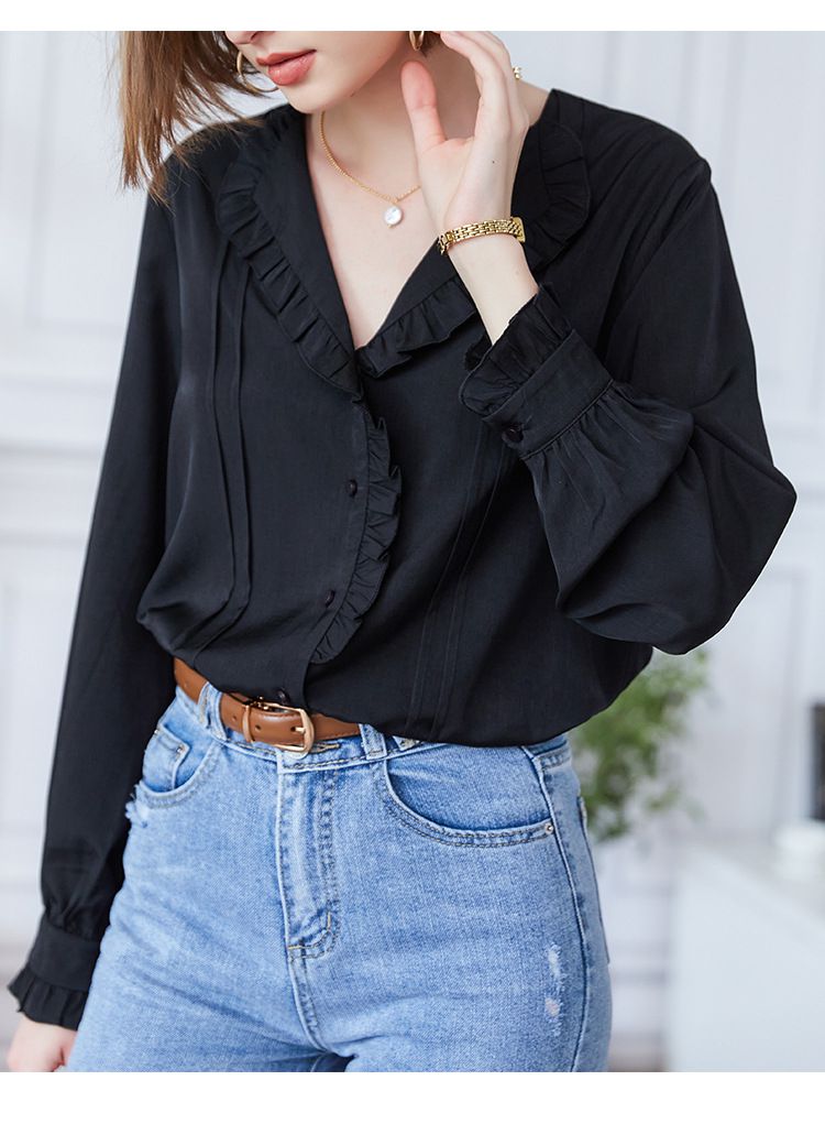 氣質荷葉邊長袖襯衫-黑色