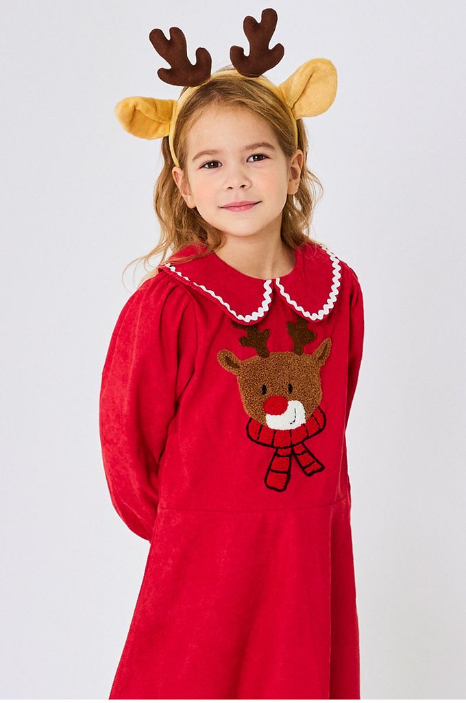 韓國 OZKIZ - 毛料馴鹿印燈芯絨洋裝/聖誕-紅