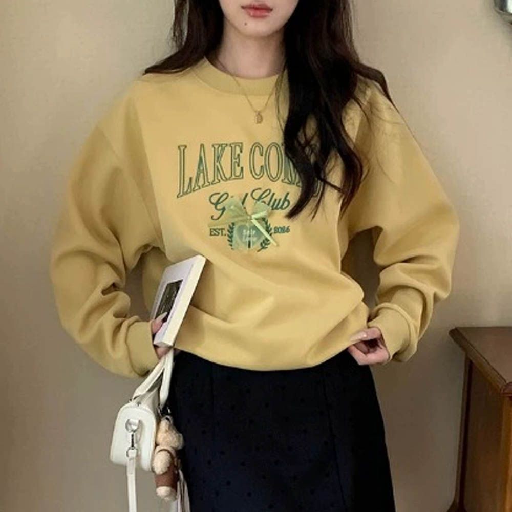 長袖大學T-刺繡字母蝴蝶結-黃綠 (F)