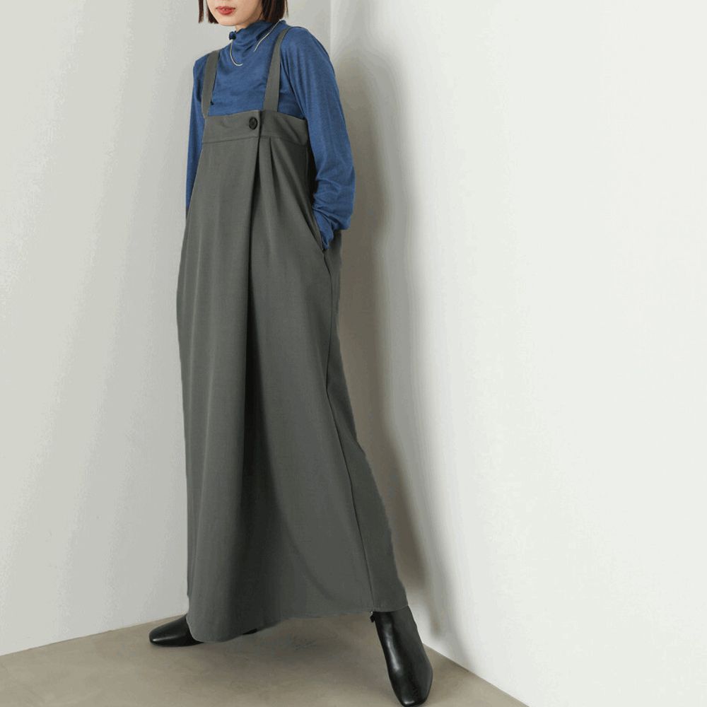 斜紋布優雅摺線工裝風吊帶裙-深灰