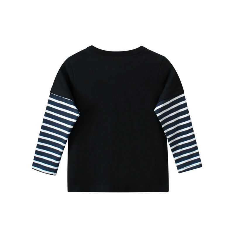 純棉圓領假兩件薄長袖上衣-恐龍打電動-深藍色