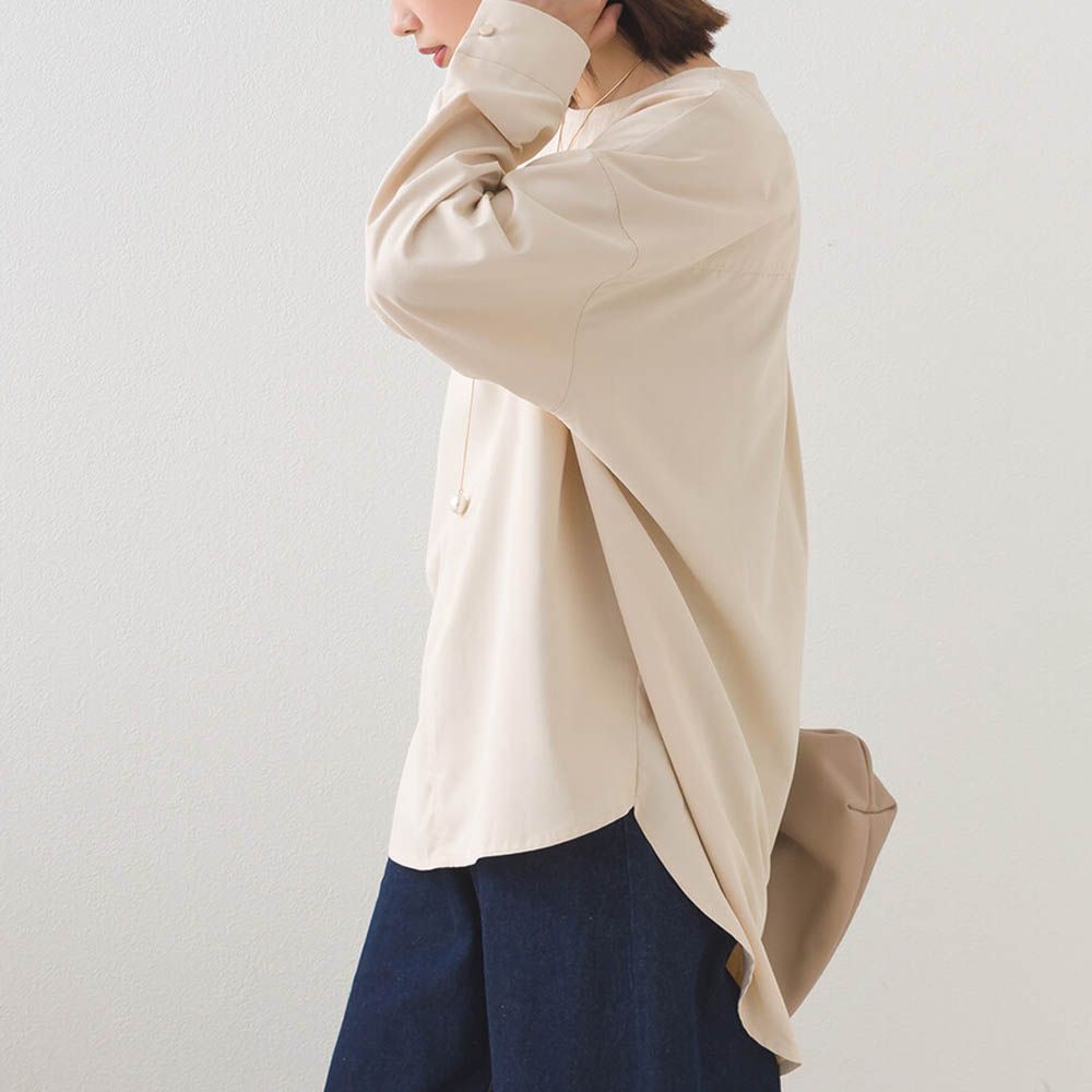 圓弧優雅前短後長修身船領長袖上衣-淺杏