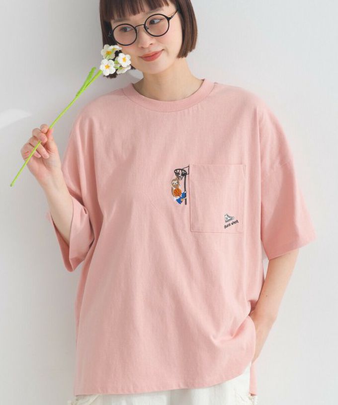 日本 Lupilien - 16支天竺棉俏皮動物刺繡寬大口袋T恤-海軍藍