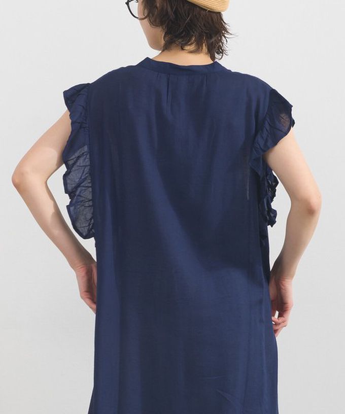 日本 Lupilien - 嫘縈混紡開襟柔軟荷葉短袖洋裝-海軍藍