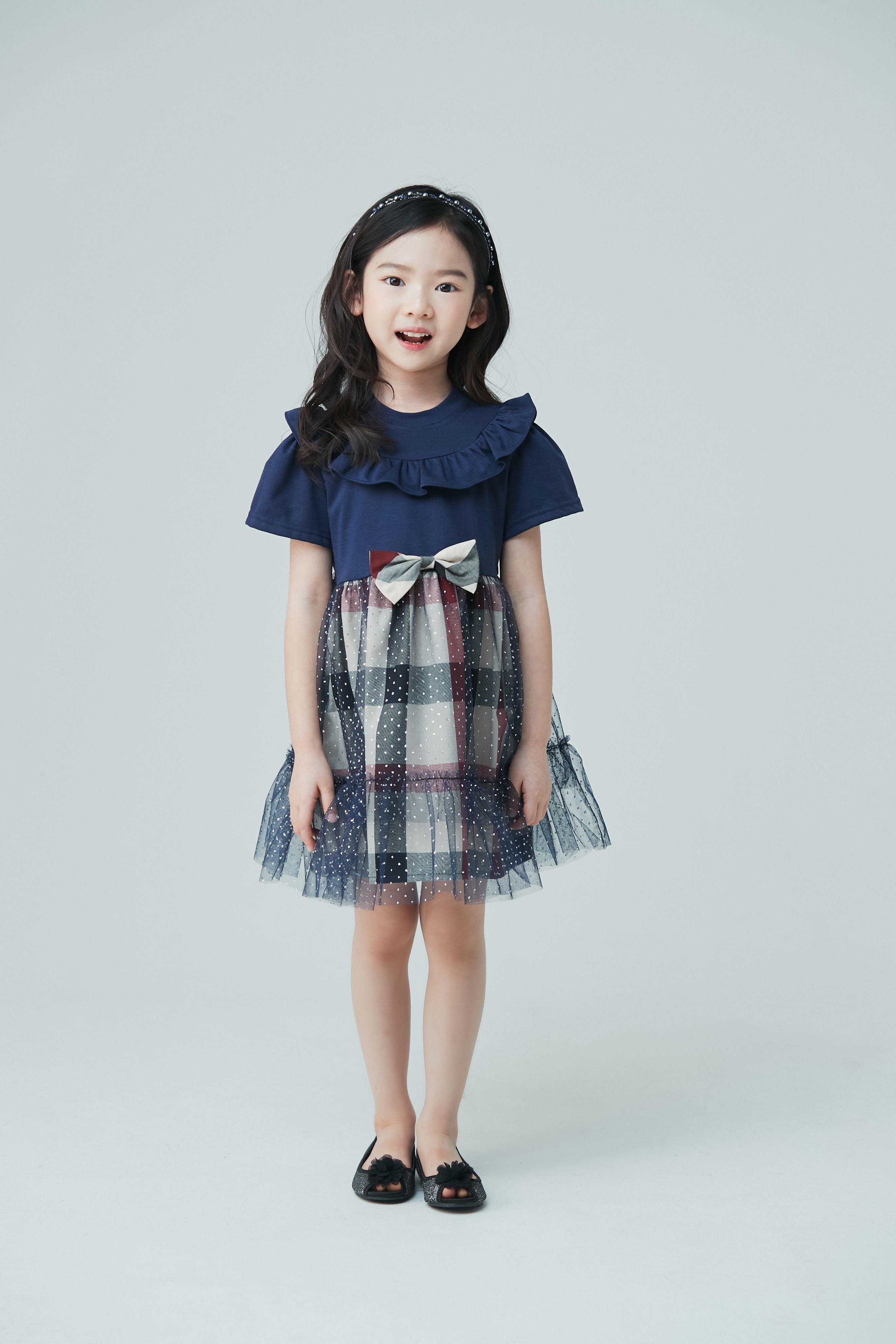 韓國 Coco Bang - 荷葉裝飾領網紗格紋裙洋裝