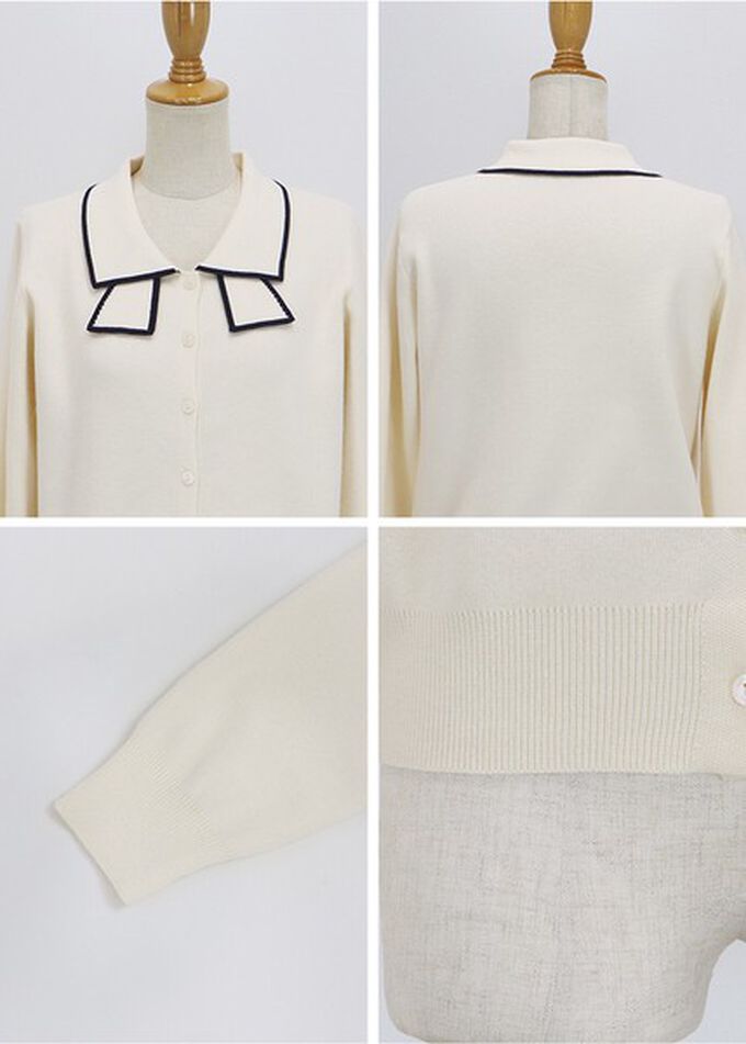 日本 BLUE EAST - 甜美蝴蝶結勾邊領針織上衣開襟衫-海軍藍 (M)