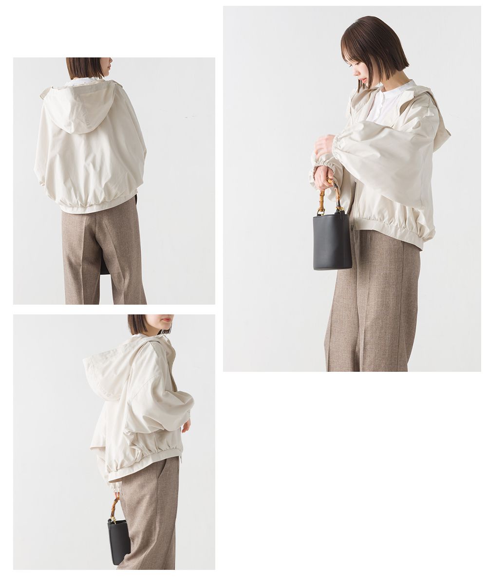 日本 OMNES - 短版澎澎袖風衣連帽外套-淺米杏