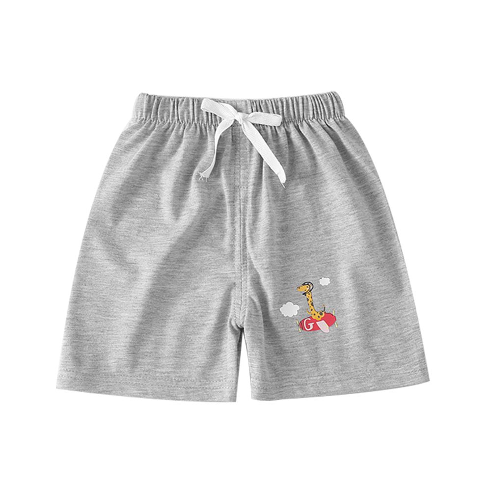 純棉短褲 兒童短褲 褲子可開檔換尿布-素色-灰底長頸鹿