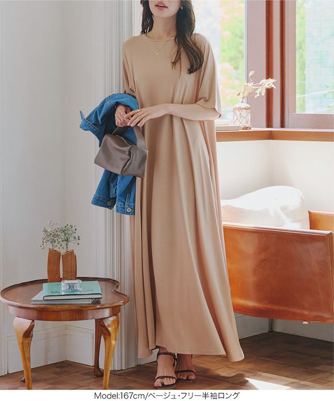 日本 Kobe Lettuce - 接觸冷感 抗皺彈性傘狀長洋裝(袖可選)-卡其