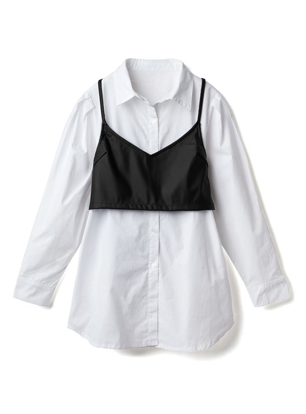 日本 GRL - 蝴蝶結綁帶皮革細肩背心X長袖襯衫-卡其X杏