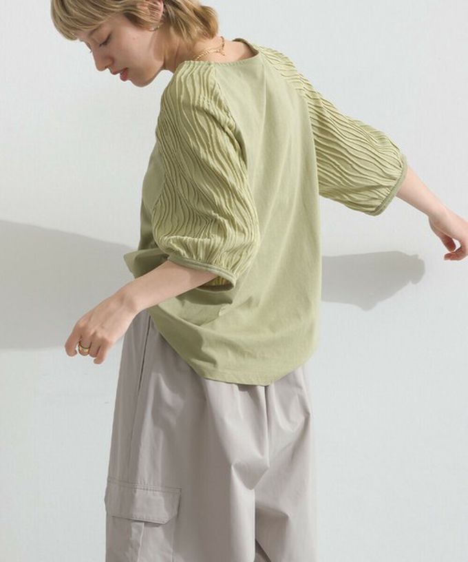 日本 le colis - 優雅立體感波浪五分袖上衣-淺軍綠