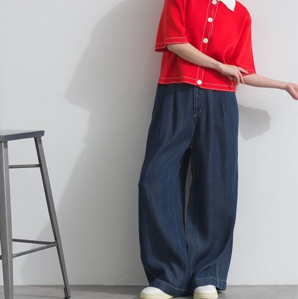 接觸冷感 天絲柔軟丹寧腰綁帶寬褲-海軍藍