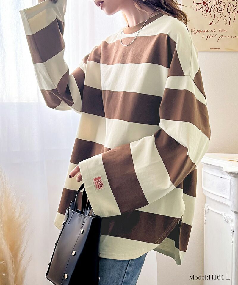 日本 Classical Elf - 美式休閒落肩長袖上衣-寬版條紋-米杏x棕
