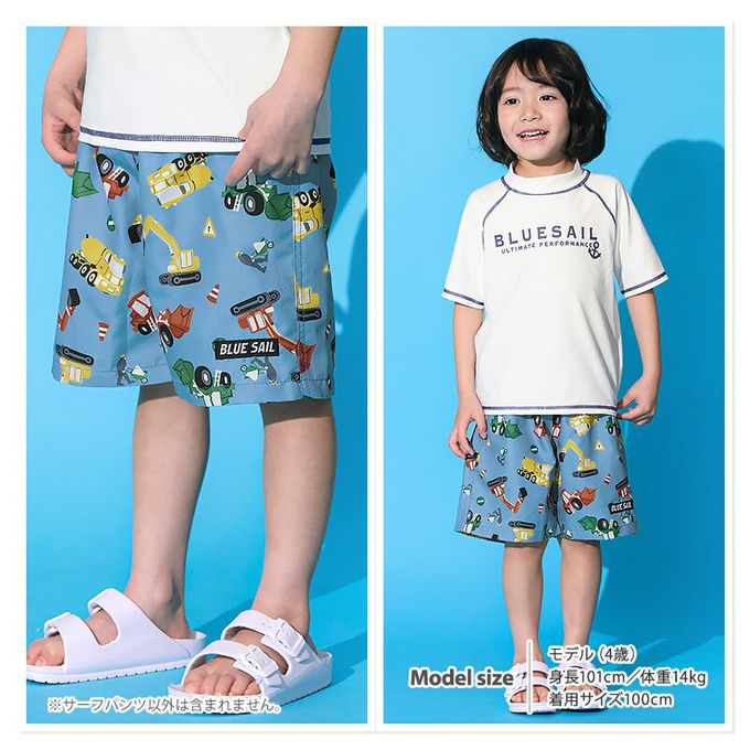 日本 ZOOLAND - 抗UV 童趣印花海灘褲／泳褲(含內褲)-恐龍徽章-藍