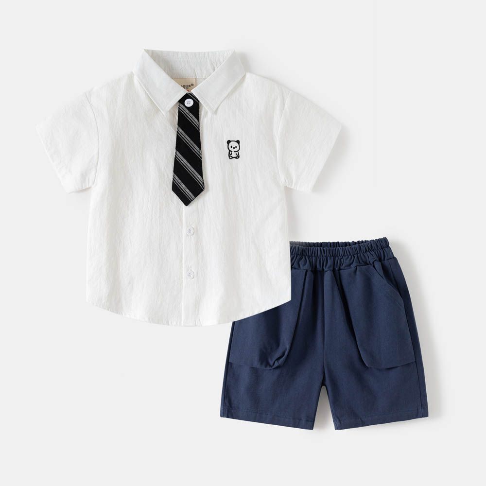 休閒翻領短袖襯衫+五分褲套裝-帥氣領帶-白色