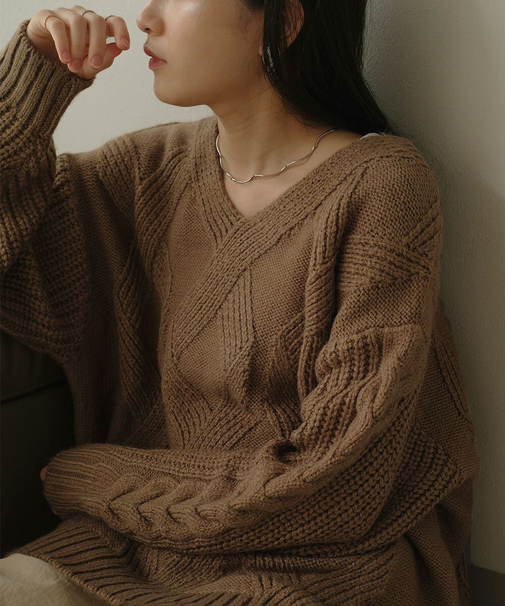 日本 Bou Jeloud - 交叉編織紋長版針織上衣-米