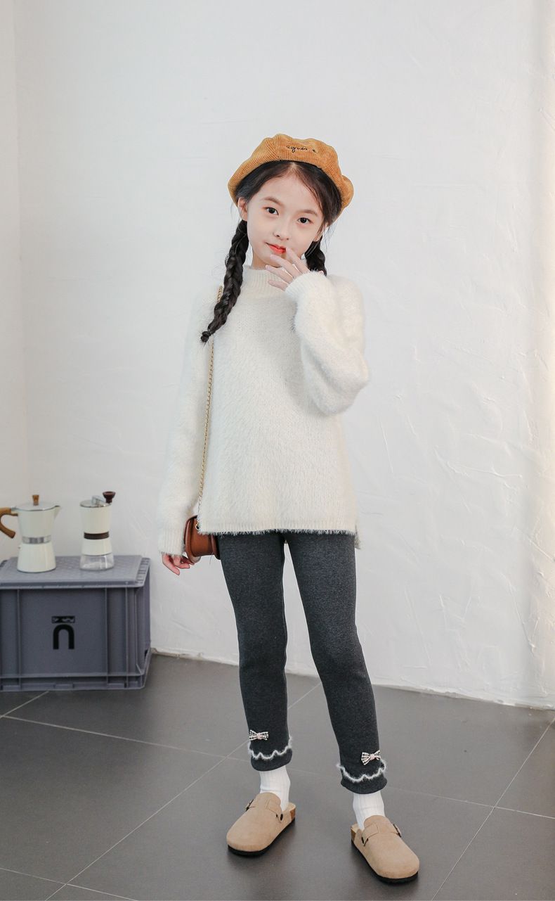 FANMOU - 加絨腰鬆緊兒童內搭褲-木耳邊蝴蝶結-深灰色