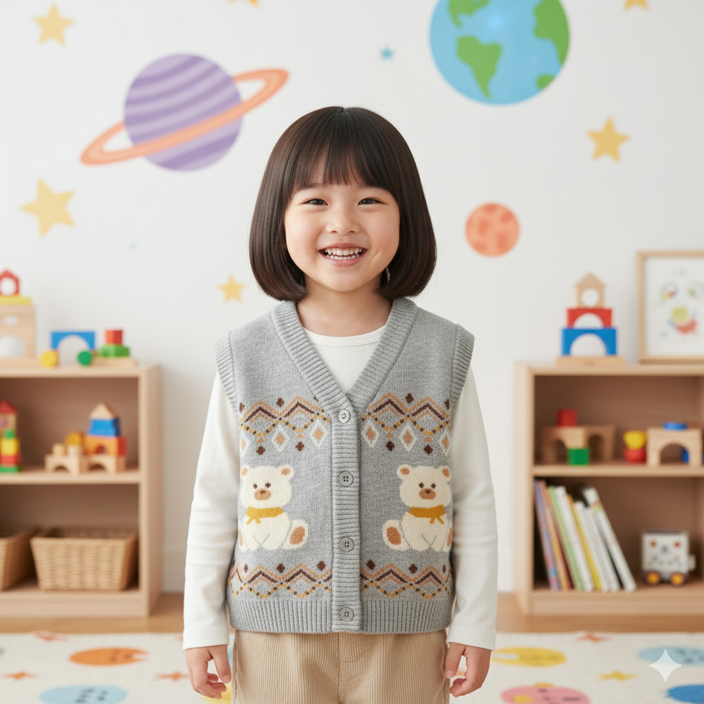 純棉V領百搭針織背心-快樂小熊-灰色