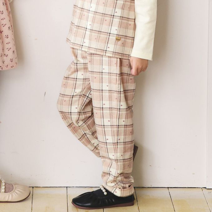 日本 ZOOLAND - 甜蜜愛心氣質格紋長褲-杏白粉