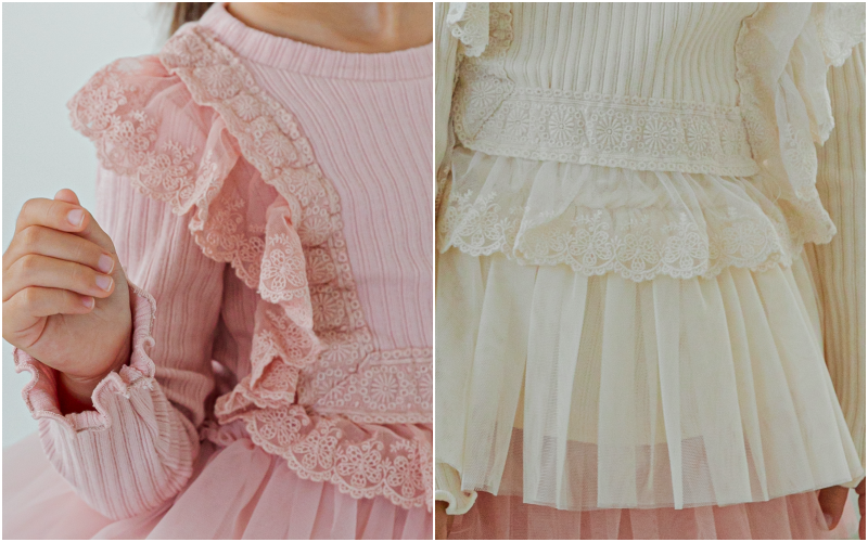 韓國 Mari an u - 荷葉蕾絲滾邊針織網紗拼接上衣-粉紅