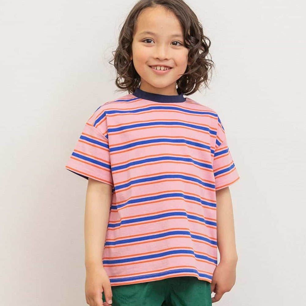 100%棉 百搭條紋落肩短袖上衣-粉紅X寶藍