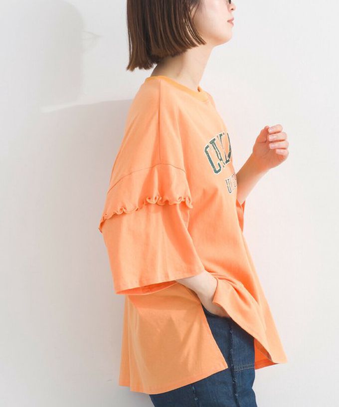 日本 Lupilien - 接觸冷感 學院風印花荷葉寬袖上衣-橘