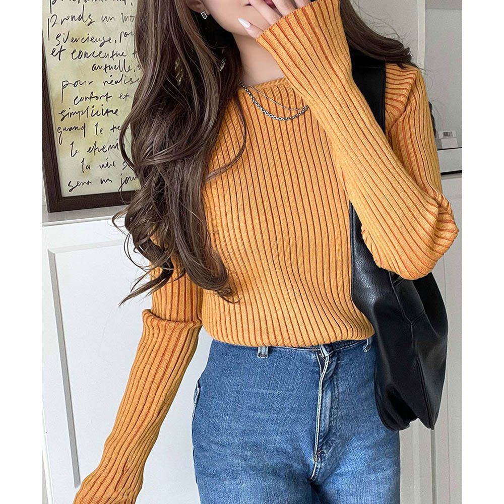 優雅羅紋合身針織長袖上衣-橘