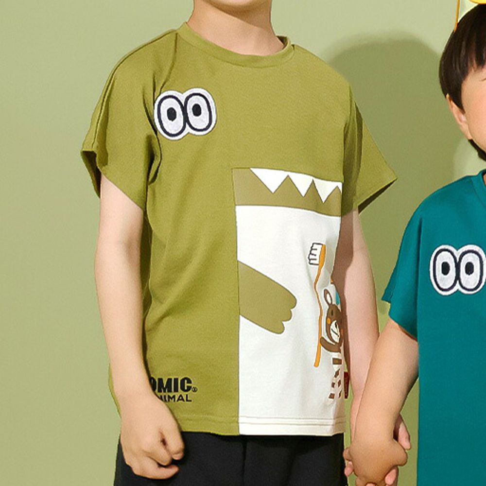 舒適緹花天竺棉短袖上衣-幫鱷魚刷牙-軍綠