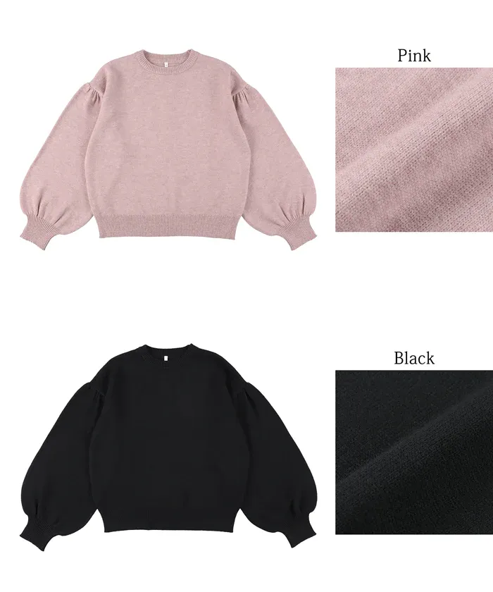 日本 COCA - 澎澎氣球袖圓領針織上衣-粉紅