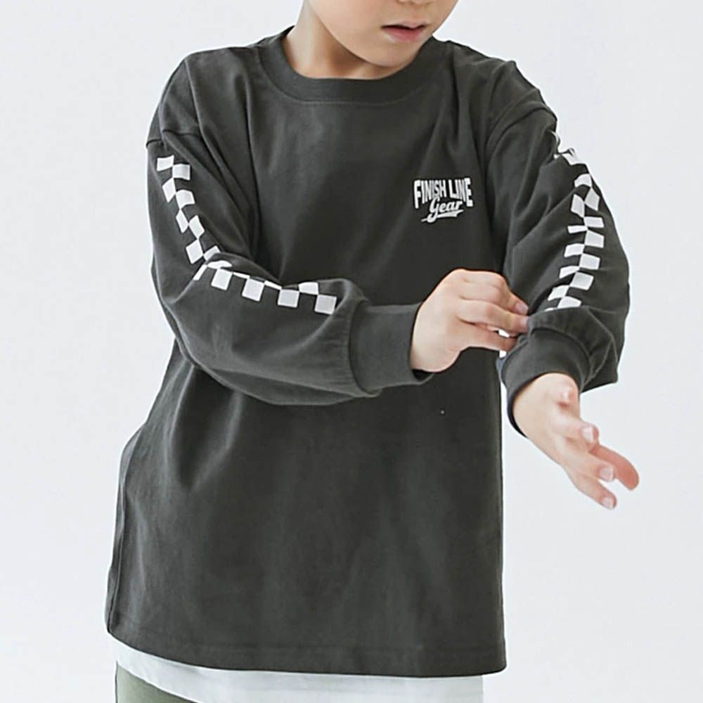 100%棉 定番印花寬版長袖上衣-潮流格子-黑