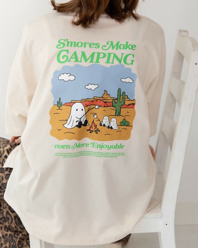 日本 gleam - 俏皮露營幽靈印花寬大風短袖T恤-煙燻藍