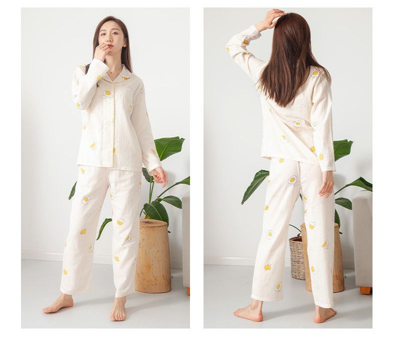 雙層棉紗布長袖家居睡衣套裝-成人款-藍底荷包蛋