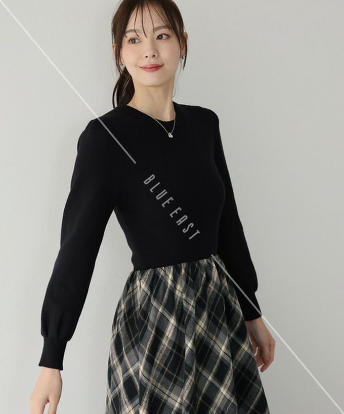 日本 BLUE EAST - 美型修身小澎袖針織長袖洋裝-格紋拼接-黑灰