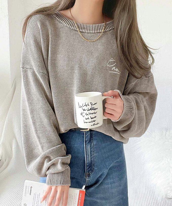 日本 Classical Elf - 厚磅棉復古刷色感logo長袖上衣-丹寧藍