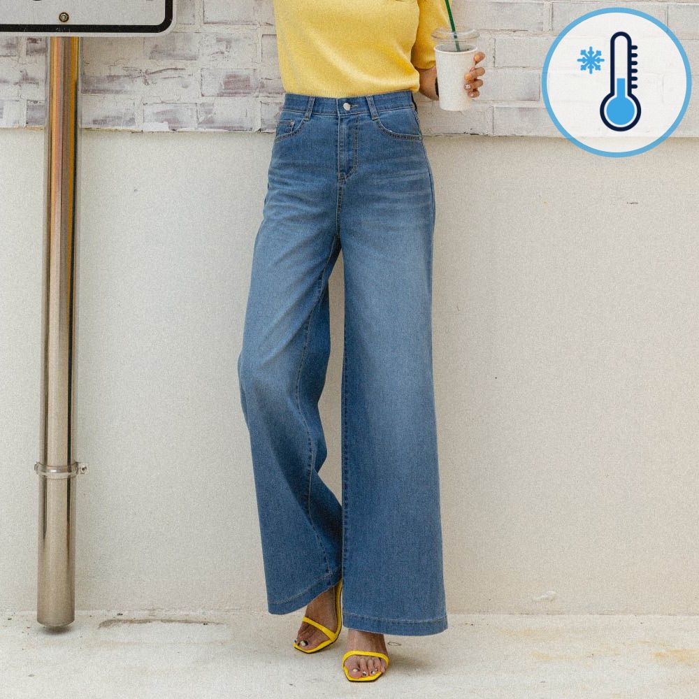 96PLACE -3度涼感鬆緊腰垂墜丹寧寬褲-中青