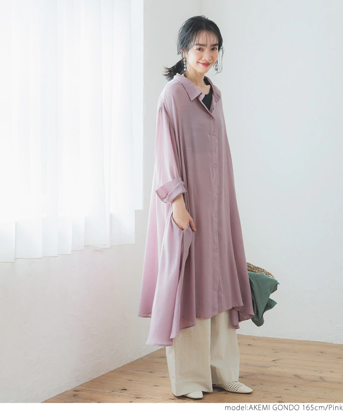 日本 COCA - 寬鬆傘狀薄長袖襯衫洋裝/外套-粉