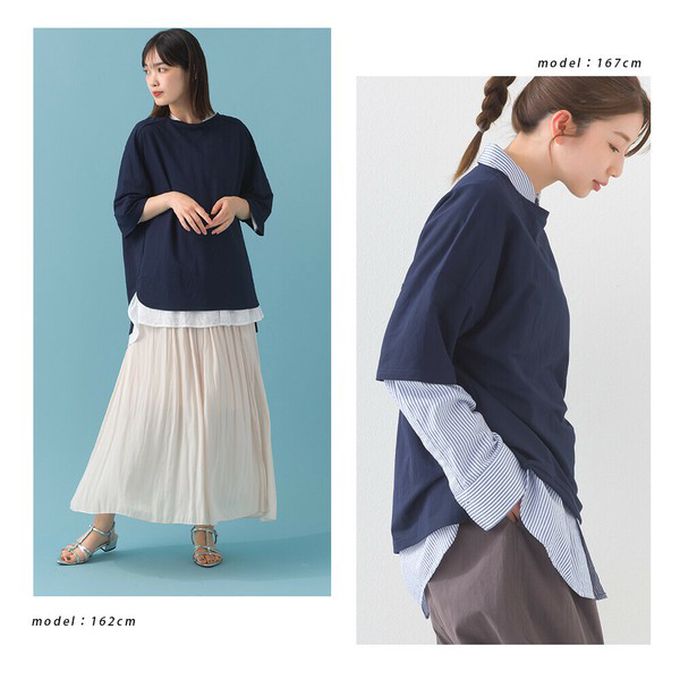 日本 OMNES - 接觸冷感 嫘縈寬版圓領五分袖上衣-海軍藍