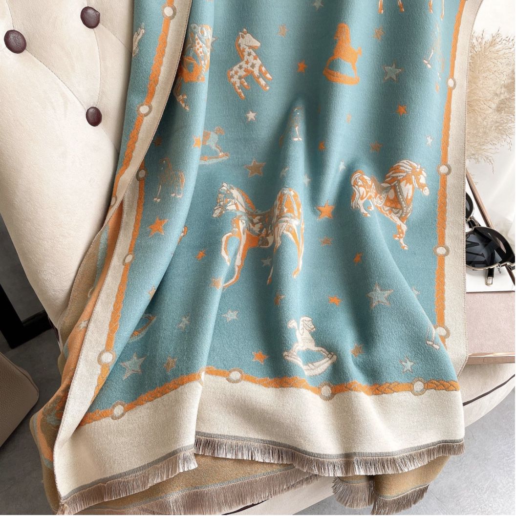 雙面提花童心必備馬格圍巾披肩-湖水藍與黃-成人圍巾披肩-湖水藍與黃-180 x 65 cm