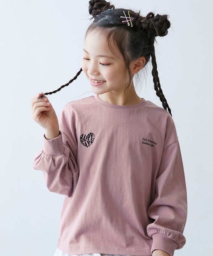 日本 devirock - 100%棉 定番女孩印花長袖上衣-胸前LOGO-灰杏