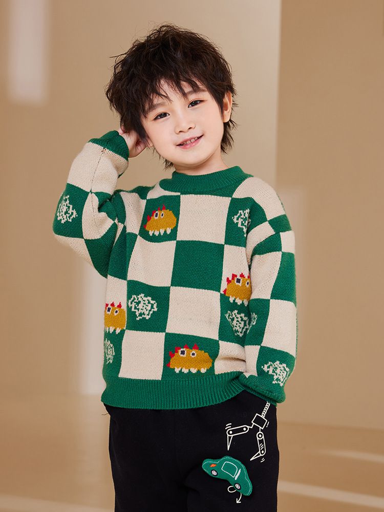 圓領保暖針織長袖上衣/毛衣-拼色格紋恐龍-藍色