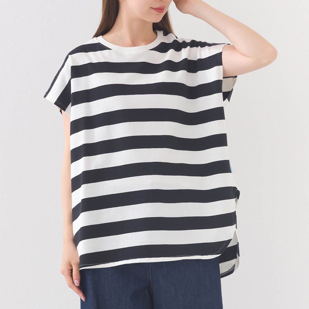 接觸冷感 純棉不易皺法式袖上衣-粗條紋-黑x白